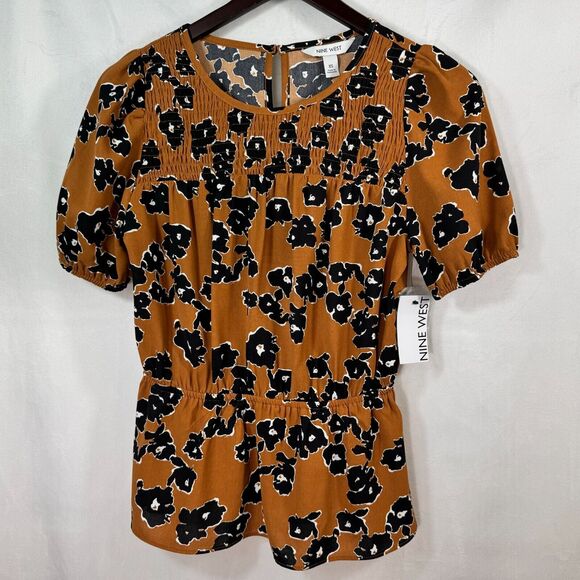 Nine West Tops - Nine West Blouse Sz XS Smocked Brown Animal Print Peplum Hem ruched top
